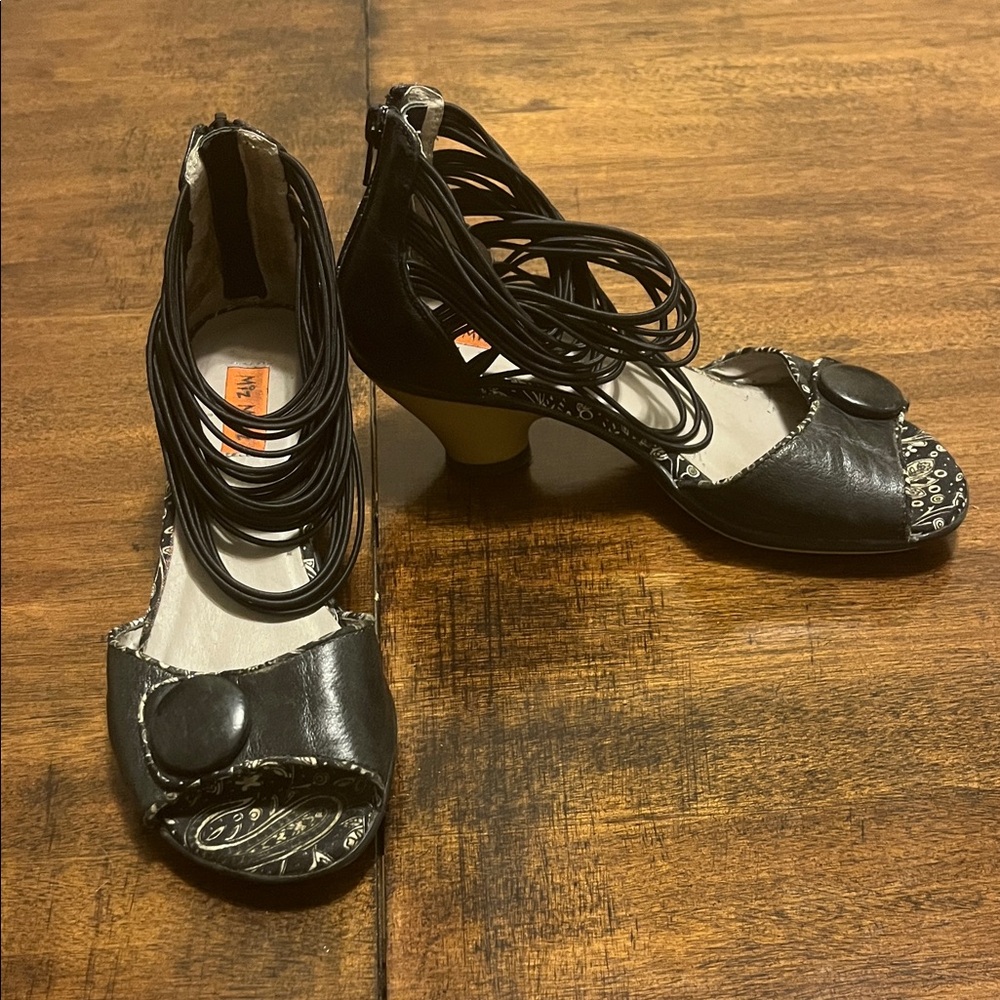 Miz Mooz Black and Cream Kitten Heels Multi-Strand Ankle Strap